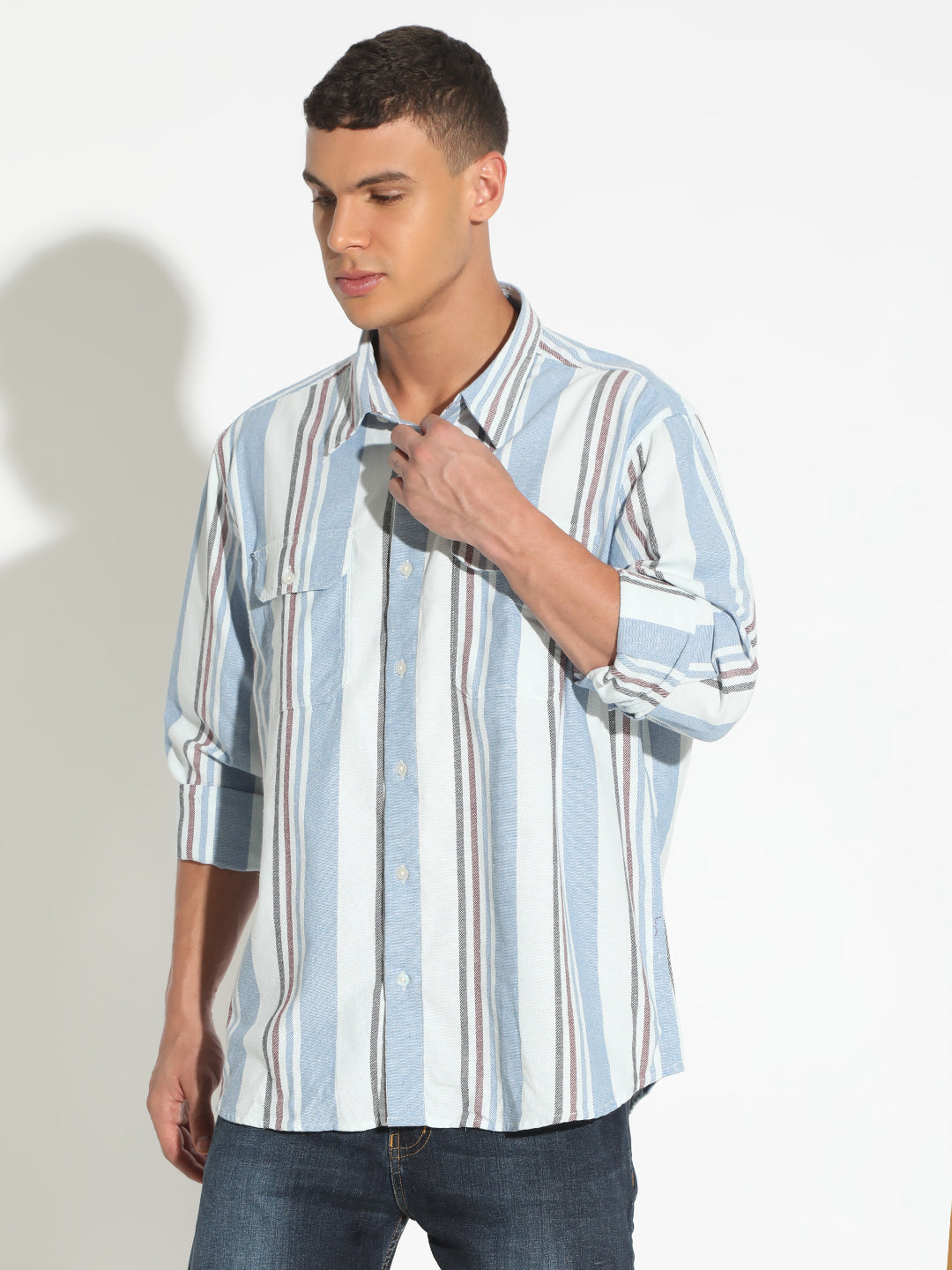 Men's Striped Blue Button Down Long Sleeve Shirt with Chest Pockets