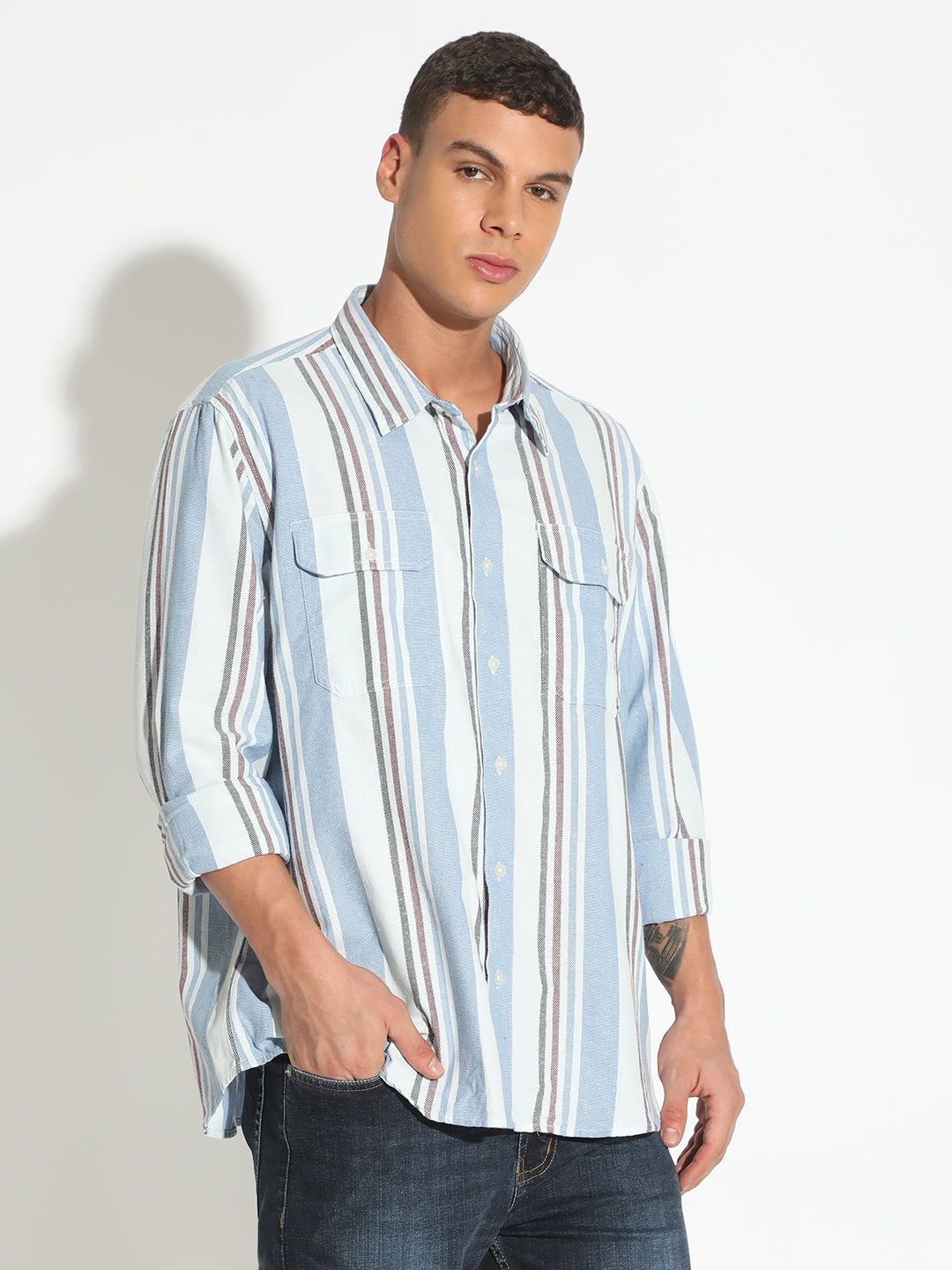 Men's Striped Blue Button Down Long Sleeve Shirt with Chest Pockets