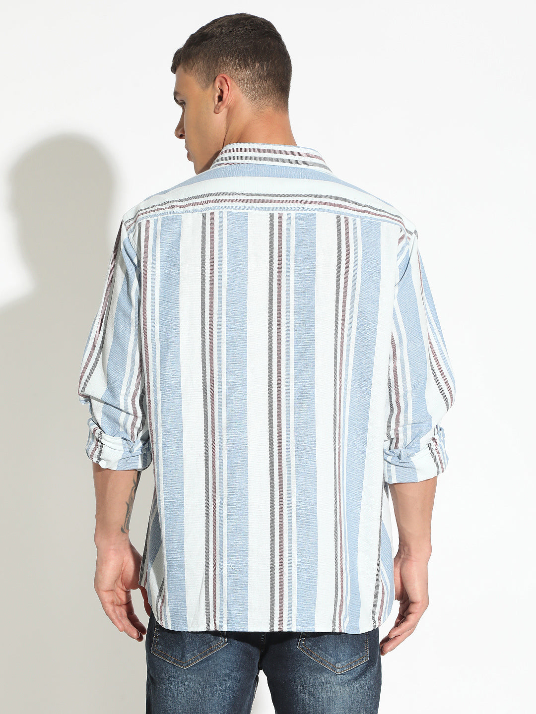 Men's Striped Blue Button Down Long Sleeve Shirt with Chest Pockets