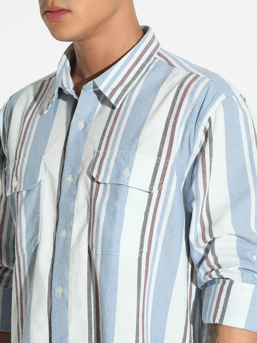 Men's Striped Blue Button Down Long Sleeve Shirt with Chest Pockets