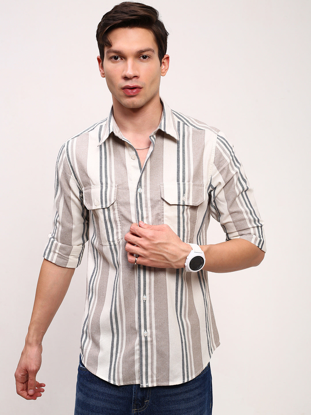 Men Beige Striped Slim Fit Shirt