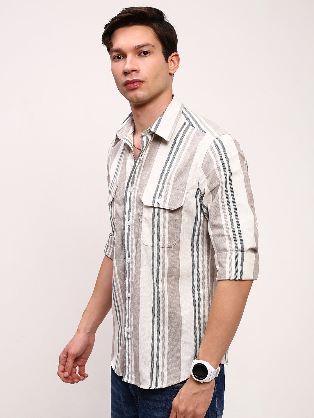 Men Beige Striped Slim Fit Shirt