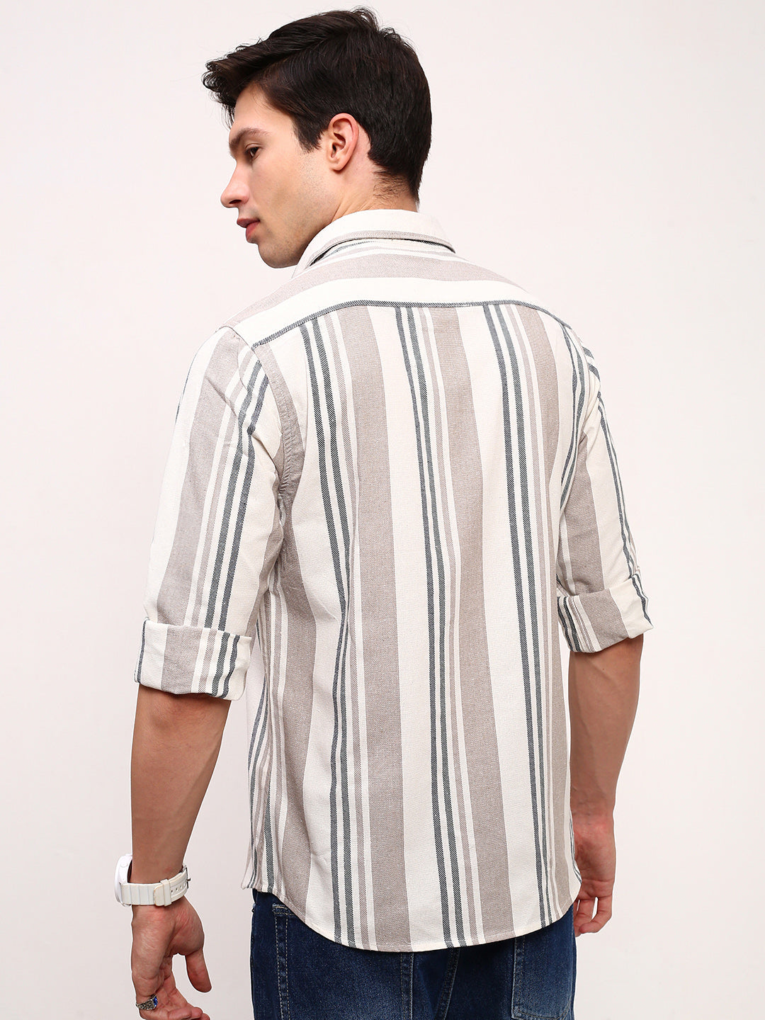 Men Beige Striped Slim Fit Shirt