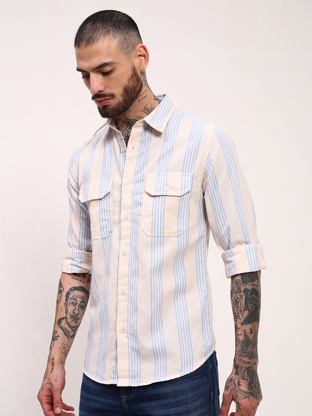 Men Cream Striped Slim Fit Shirt