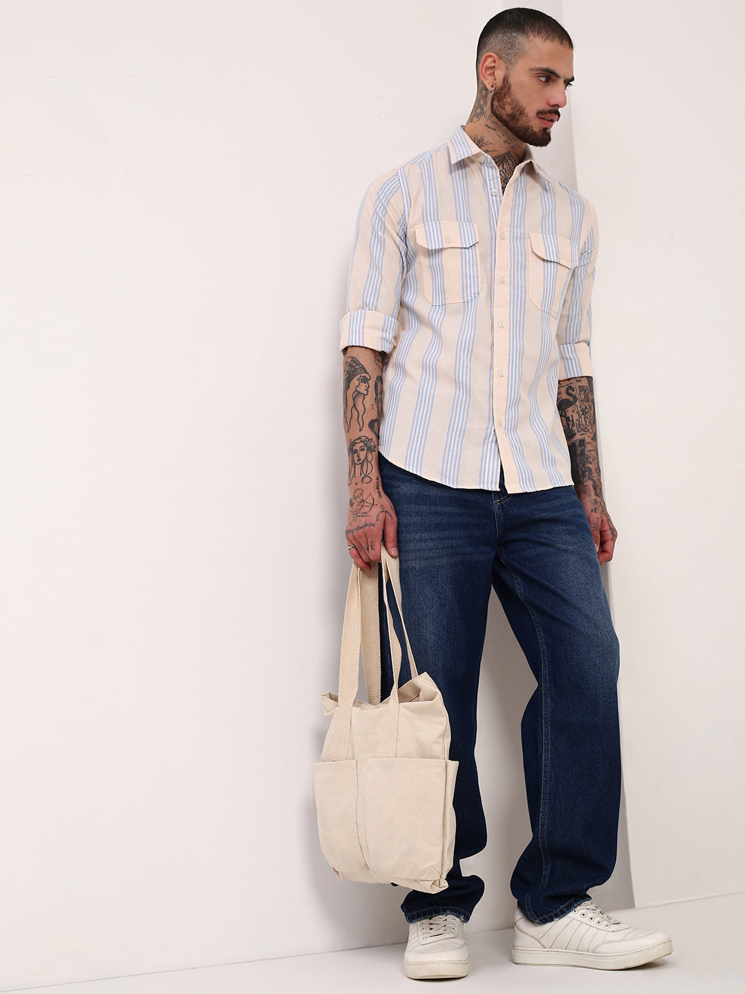 Men Cream Striped Slim Fit Shirt