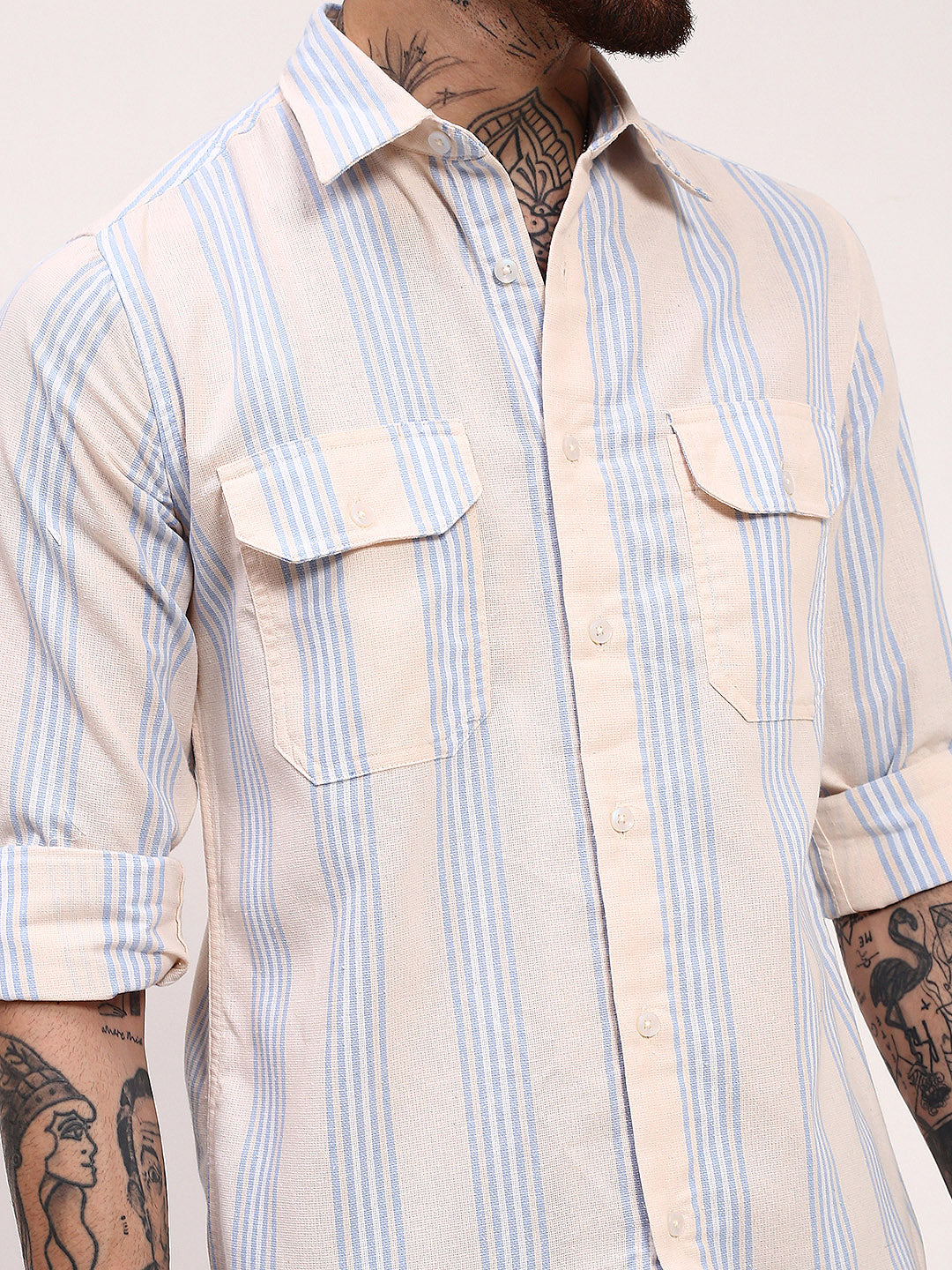 Men Cream Striped Slim Fit Shirt