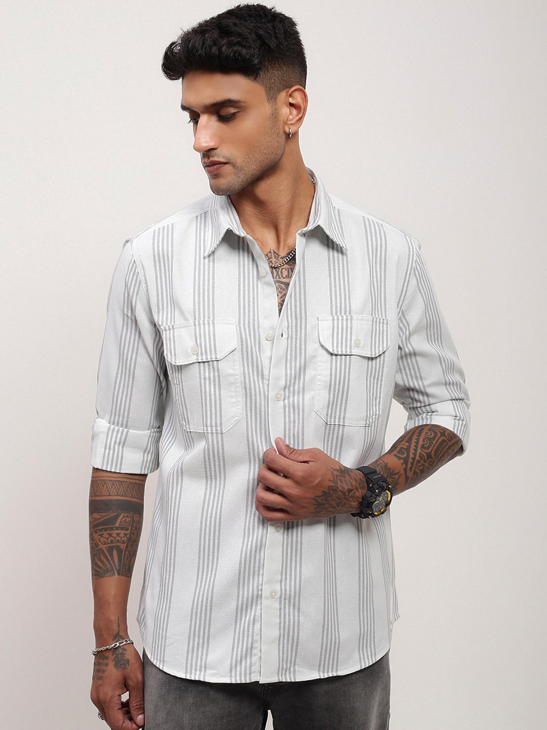 Men White Striped Slim Fit Shirt