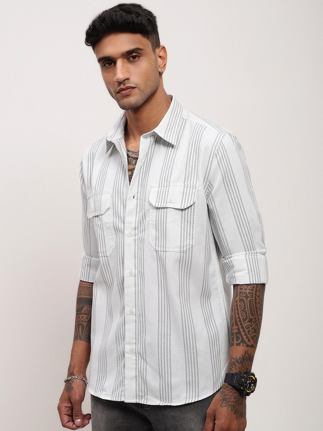 Men White Striped Slim Fit Shirt