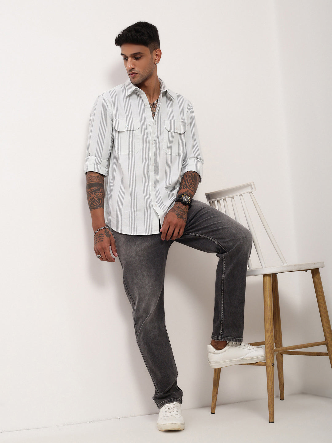 Men White Striped Slim Fit Shirt