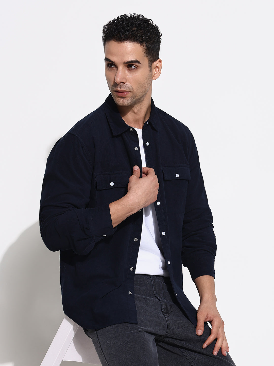 Men Navy Blue Solid Shirt