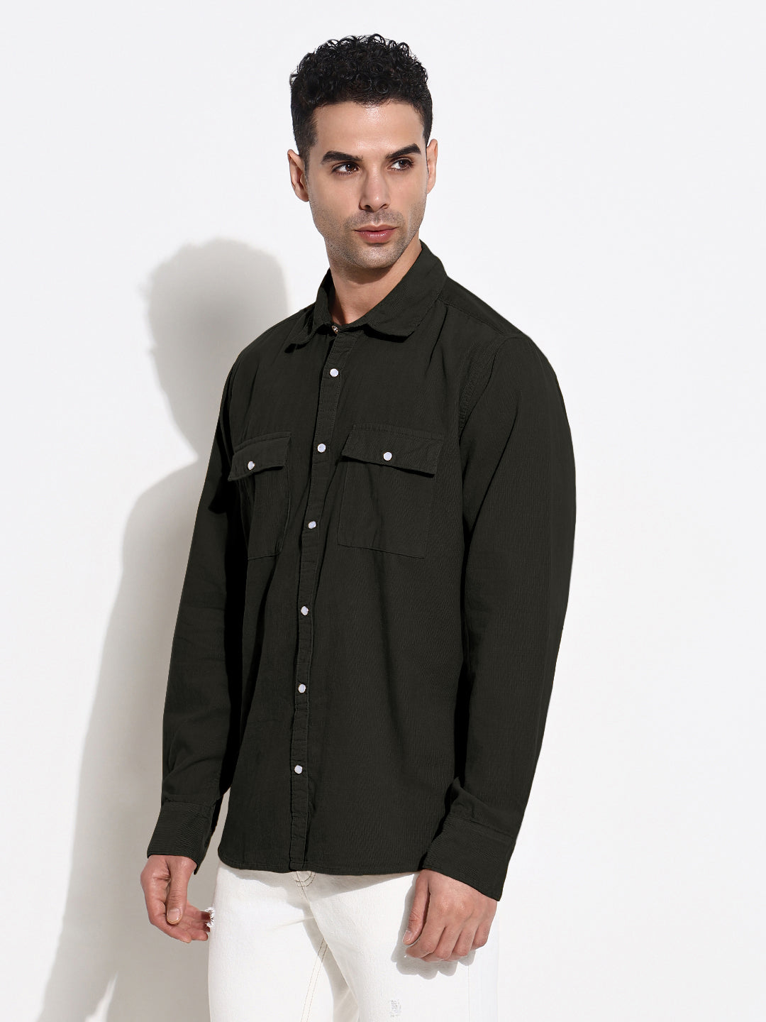 Men's Olive Slim Fit Corduroy Shirt