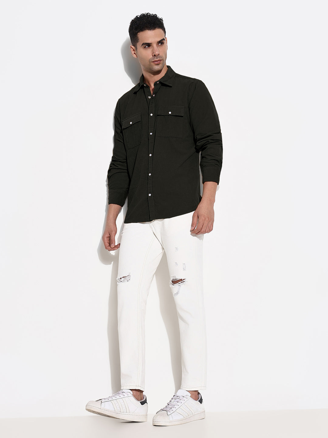 Men's Olive Slim Fit Corduroy Shirt