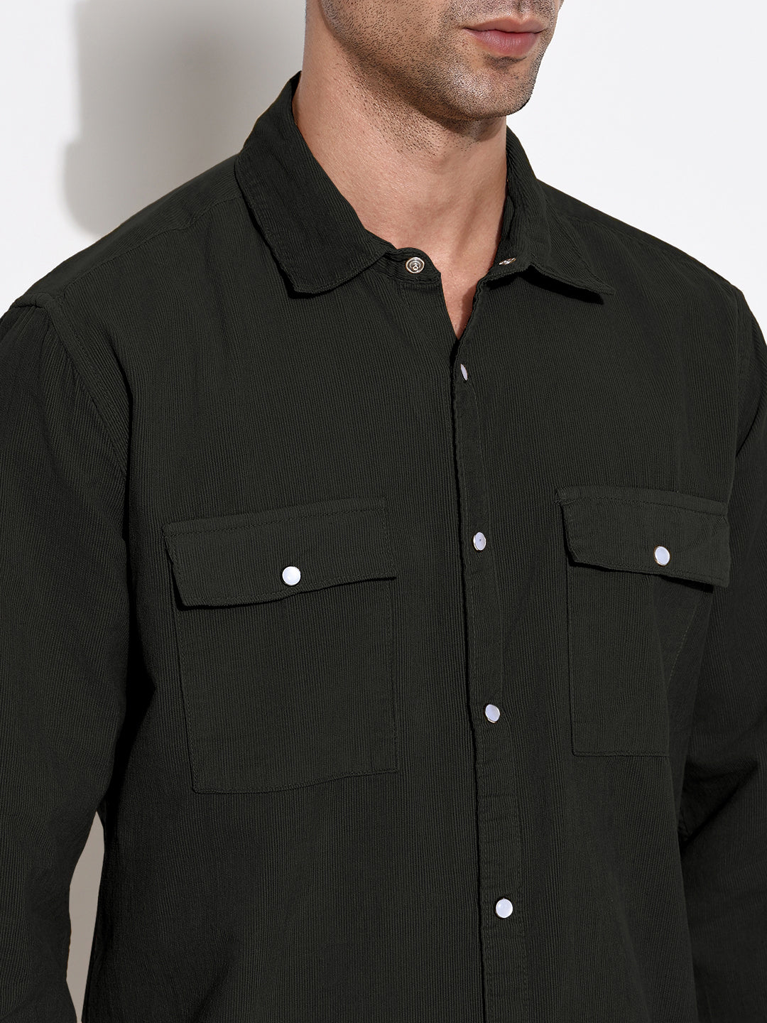 Men's Olive Slim Fit Corduroy Shirt