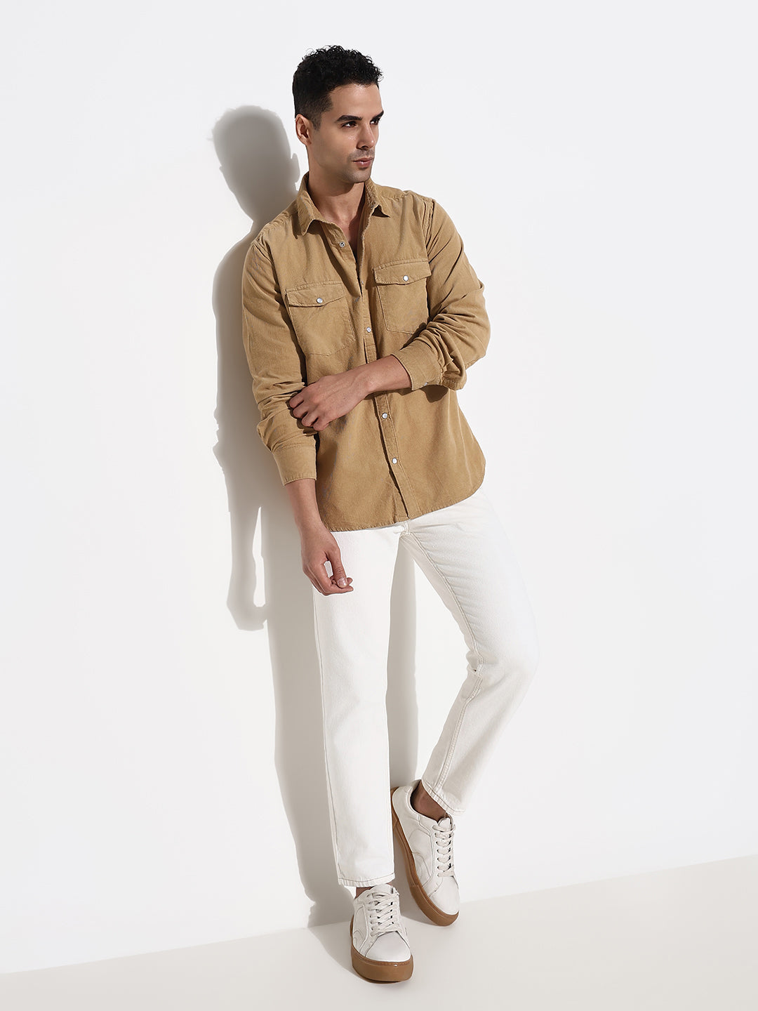 Men Khaki Solid Slim Fit Shirt