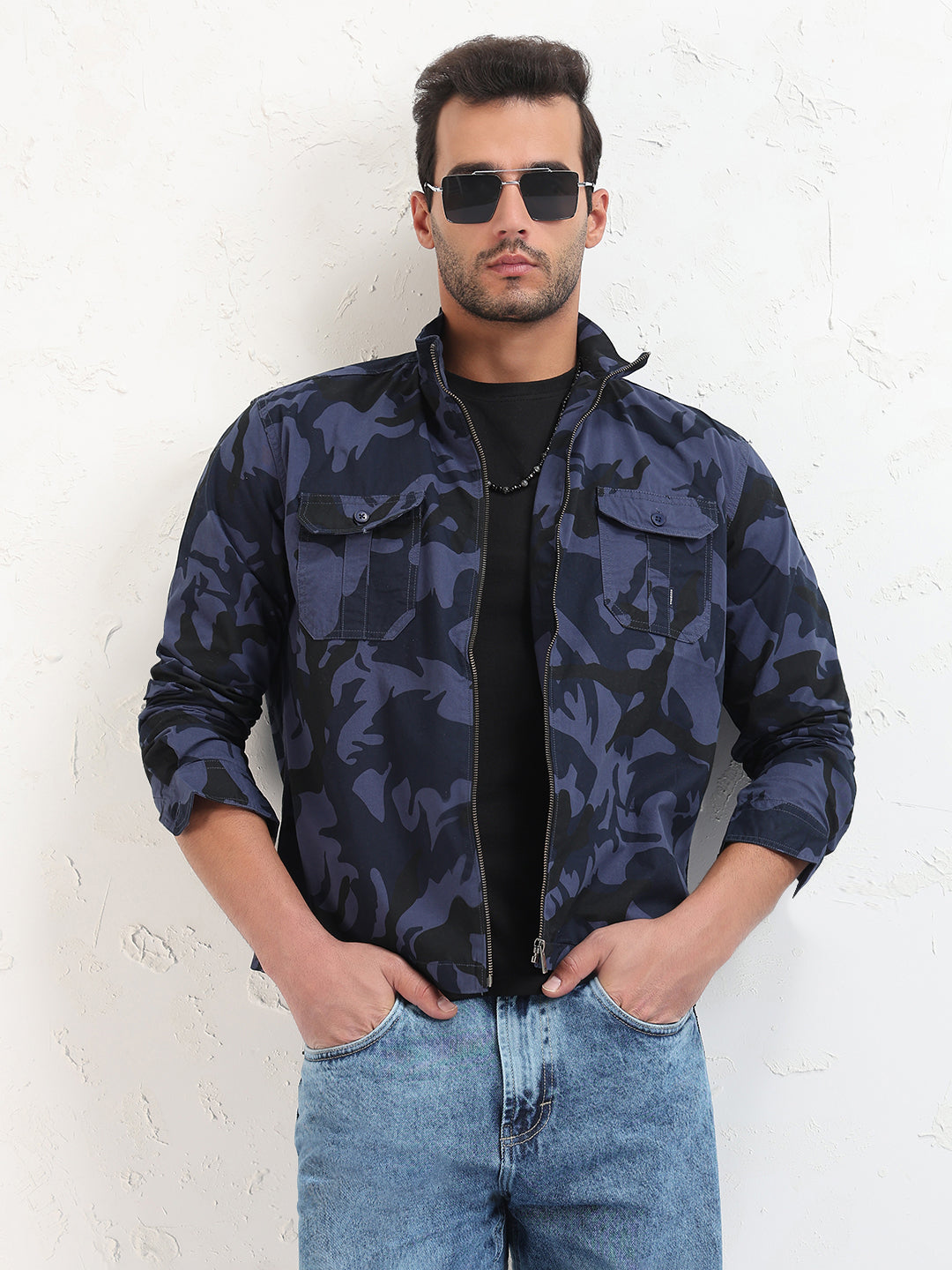 Men's Navy Blue Camouflage Slim Fit Shacket