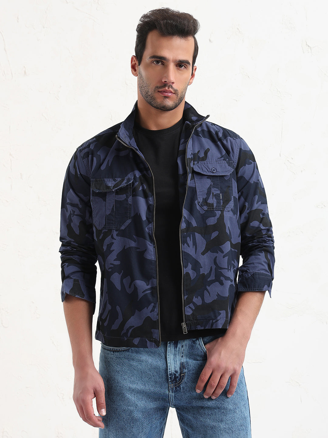 Men's Navy Blue Camouflage Slim Fit Shacket