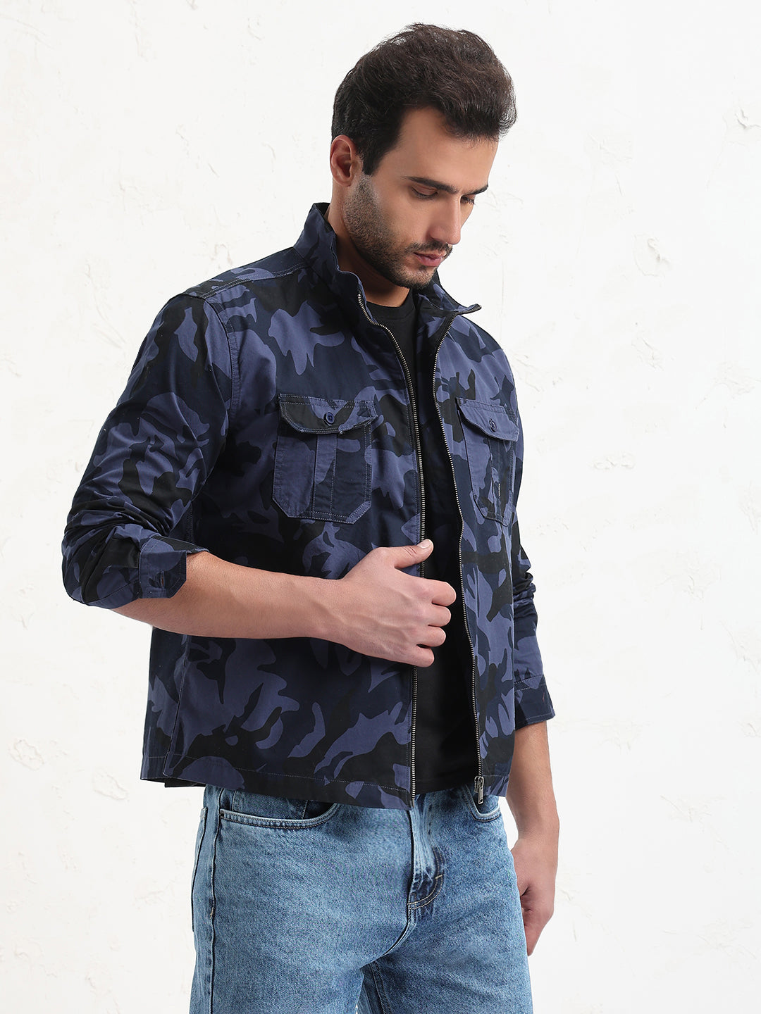 Men's Navy Blue Camouflage Slim Fit Shacket