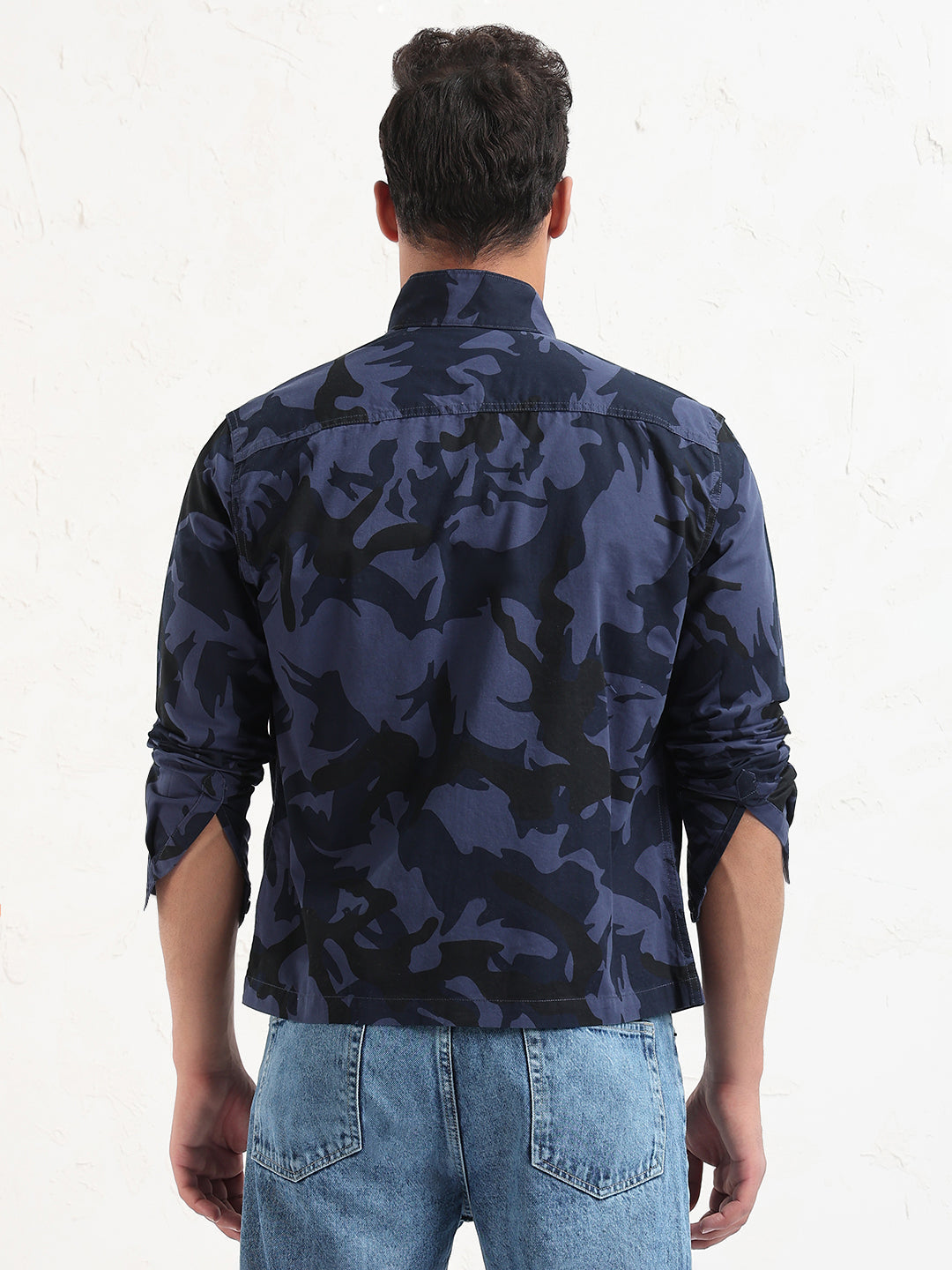 Men's Navy Blue Camouflage Slim Fit Shacket