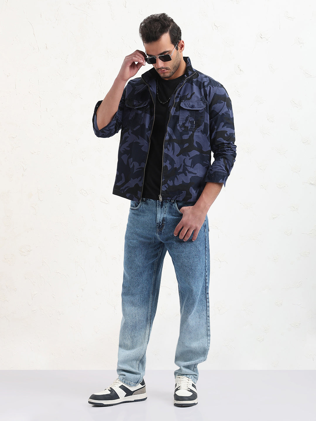Men's Navy Blue Camouflage Slim Fit Shacket