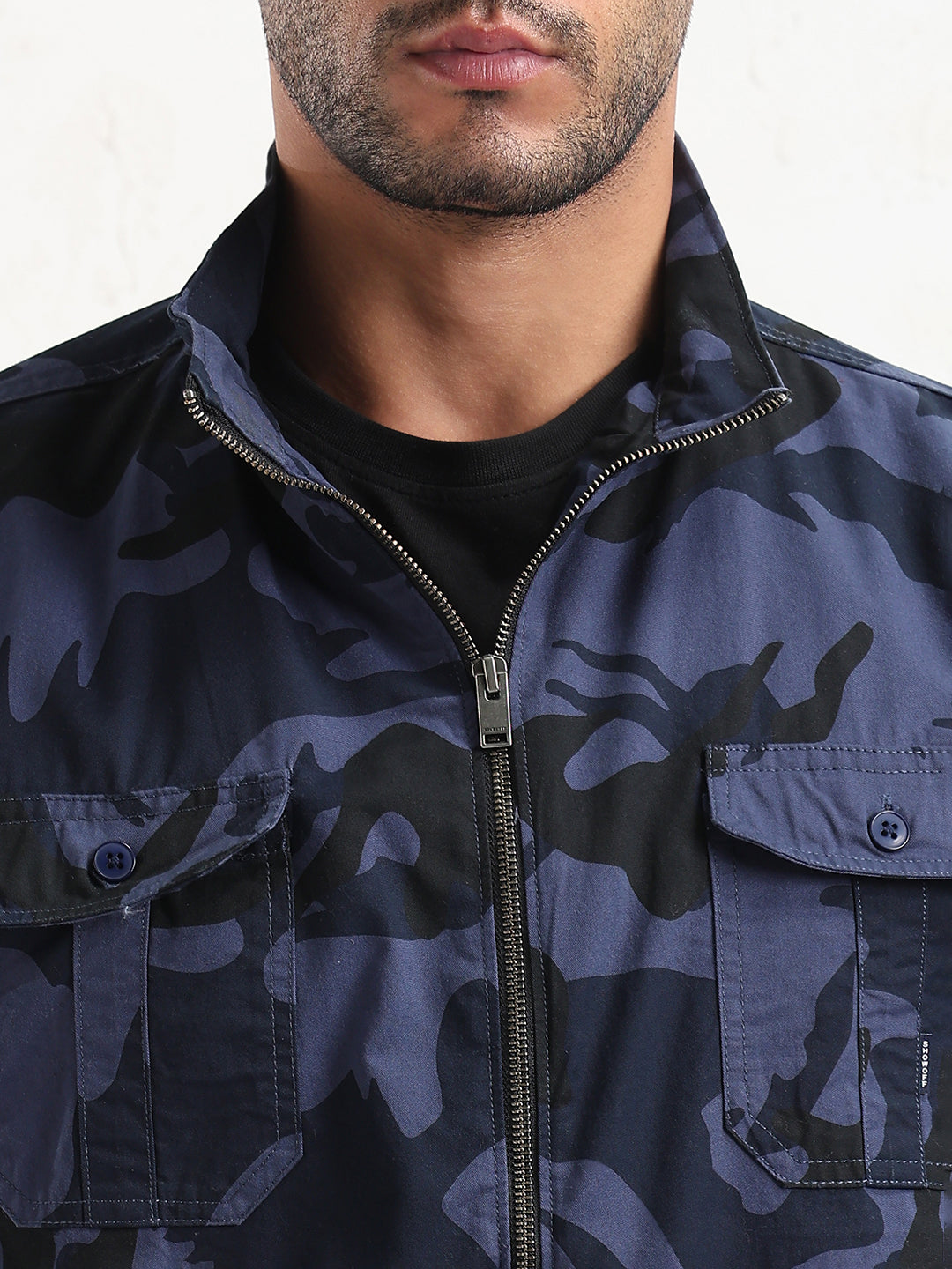 Men's Navy Blue Camouflage Slim Fit Shacket