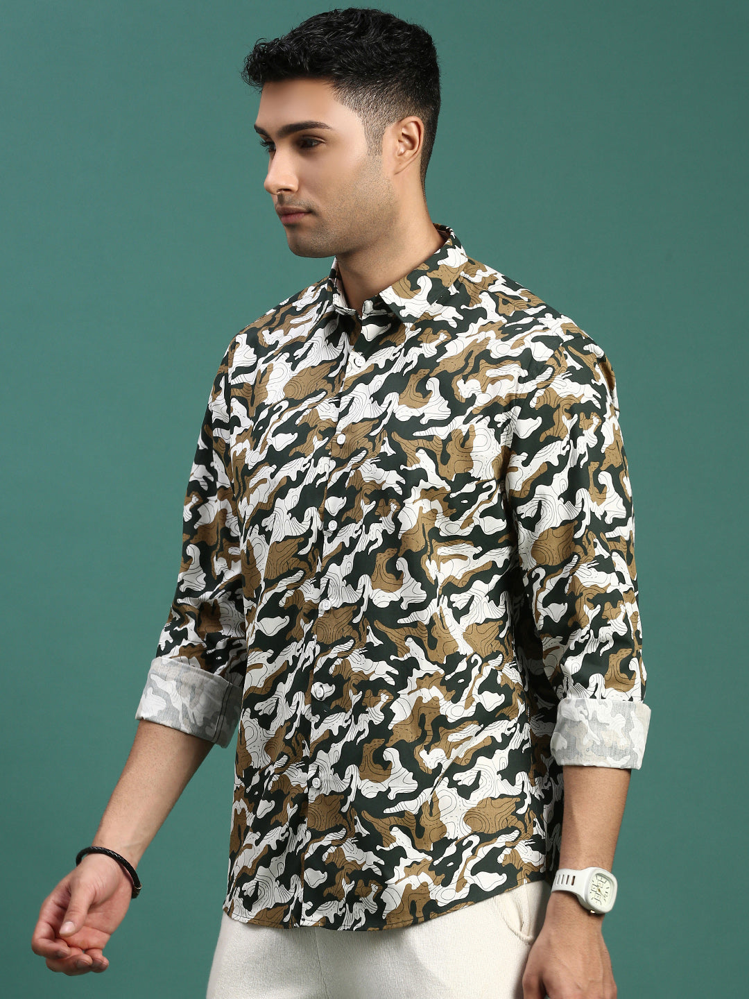 Men Abstract Green Slim Fit Shirt