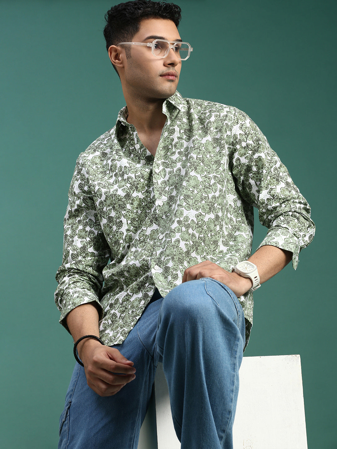 Men Floral Green Slim Fit Shirt