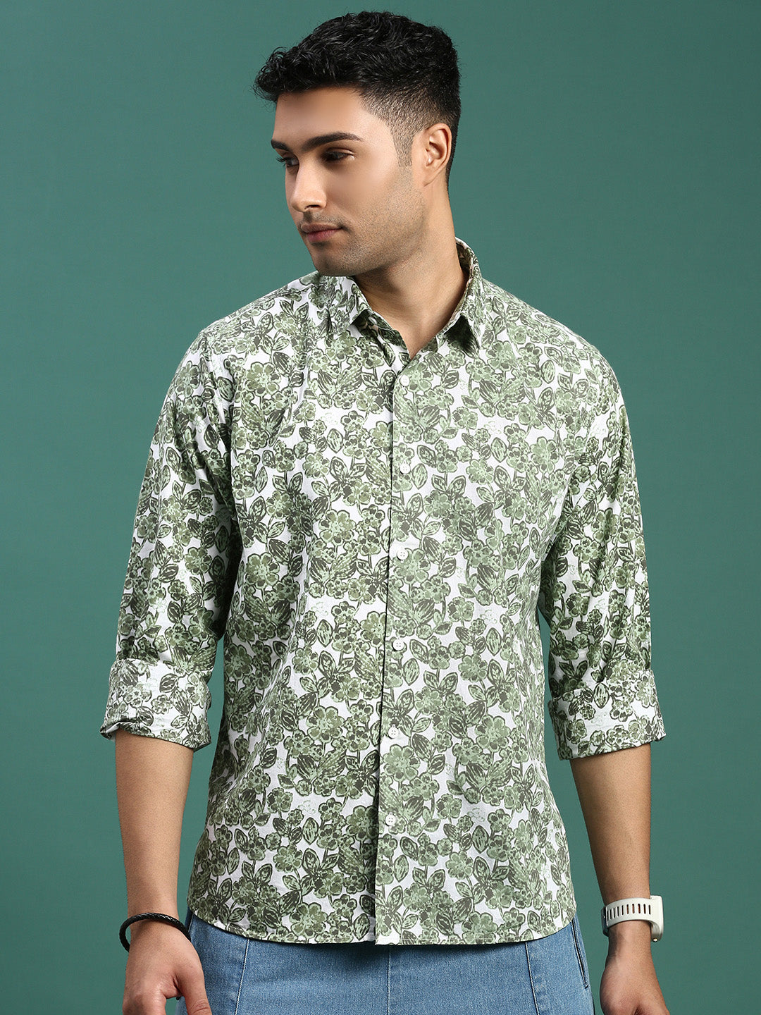 Men Floral Green Slim Fit Shirt