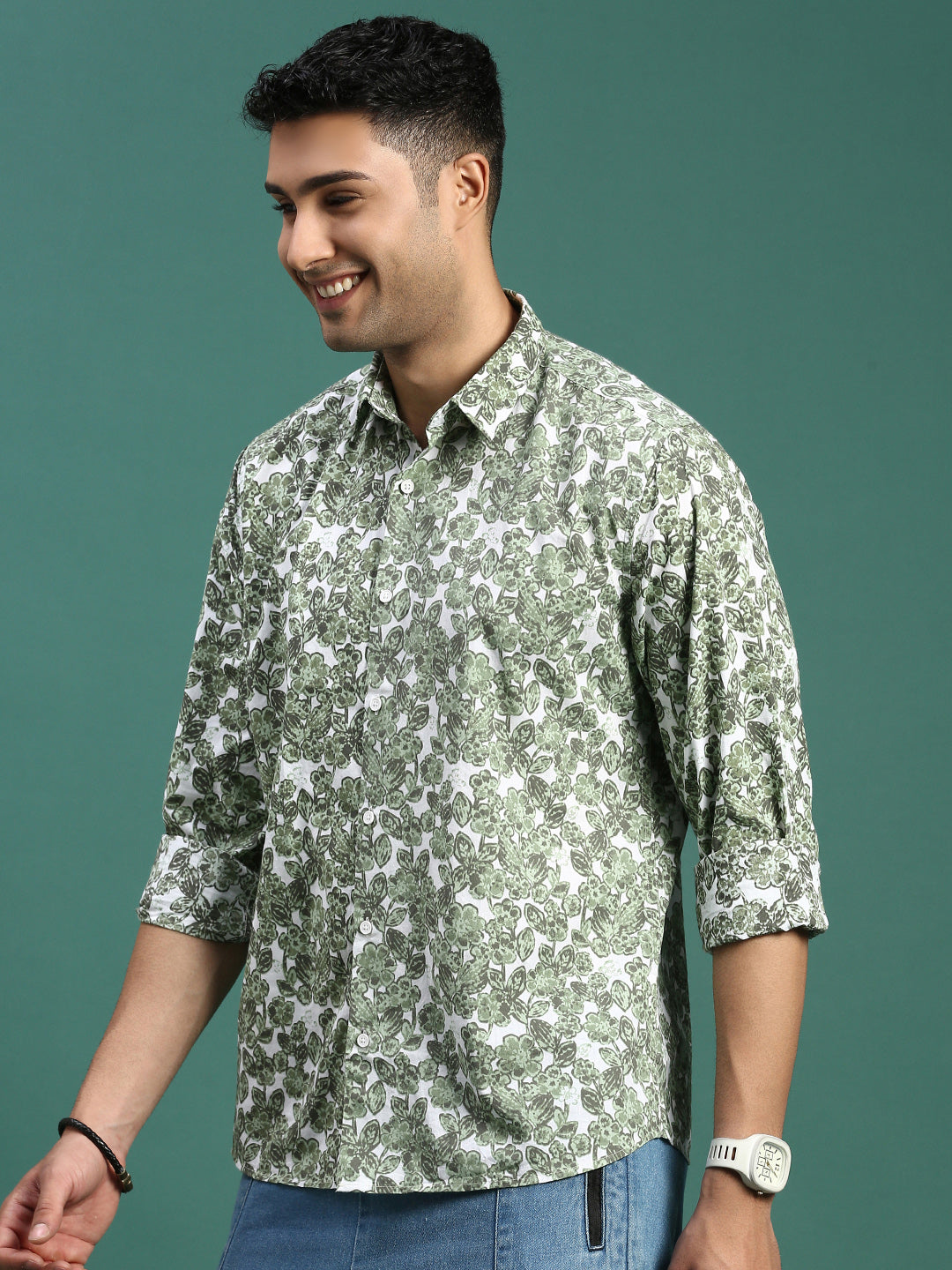 Men Floral Green Slim Fit Shirt