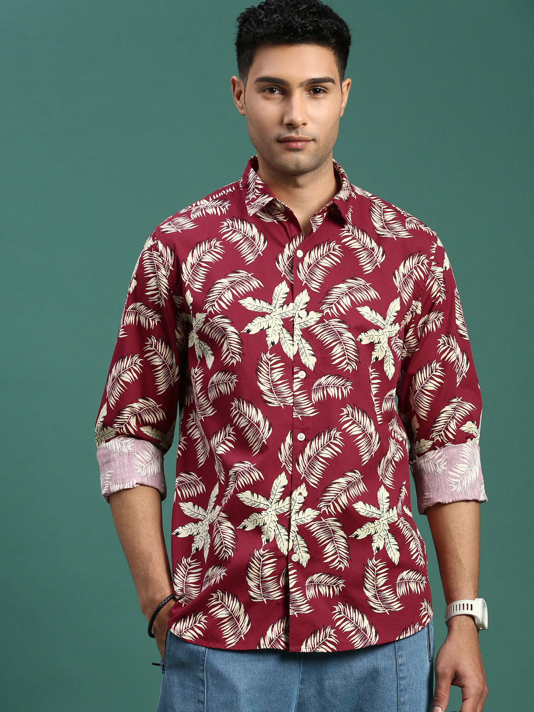 Men Floral Maroon Slim Fit Shirt