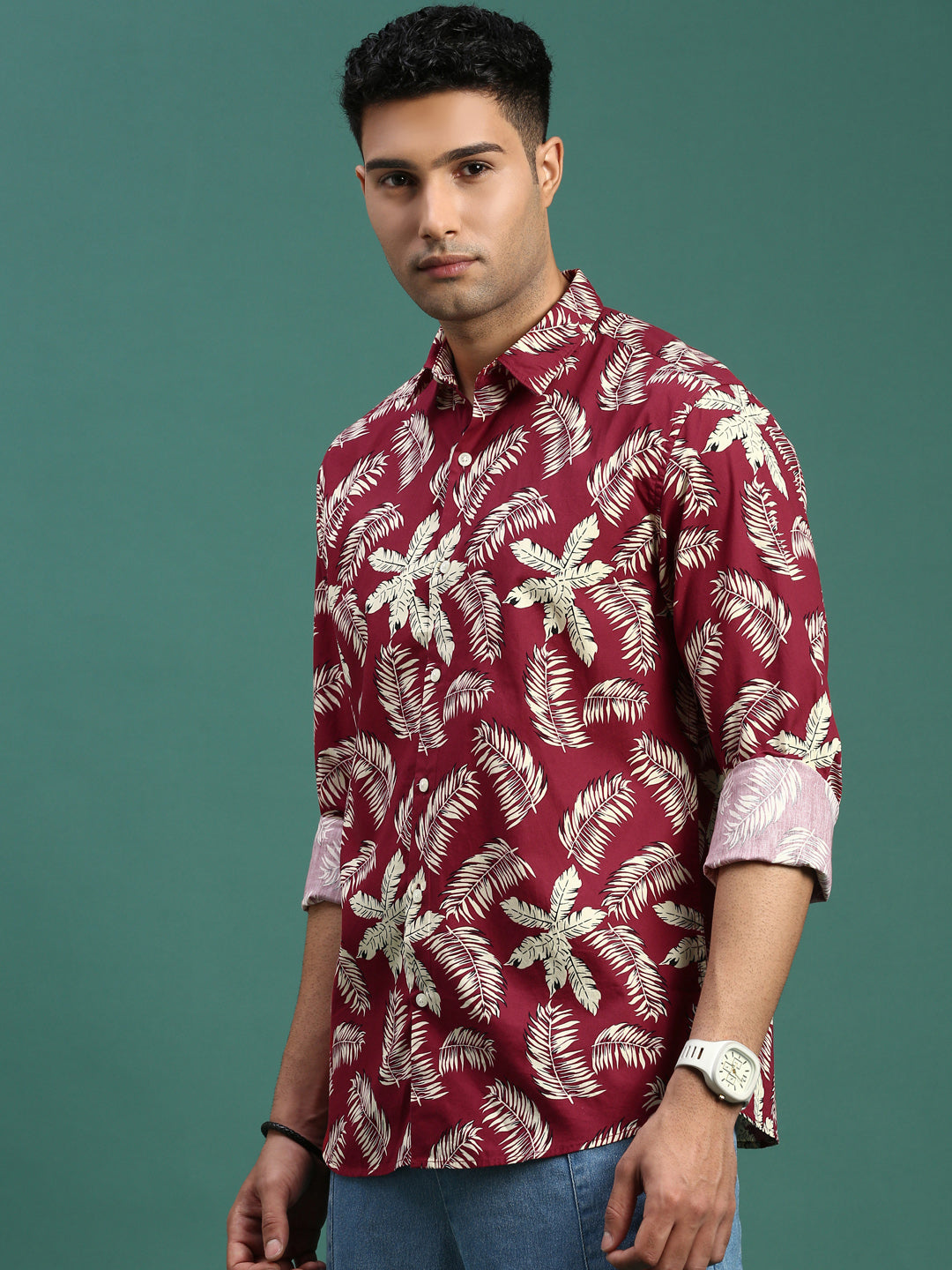 Men Floral Maroon Slim Fit Shirt