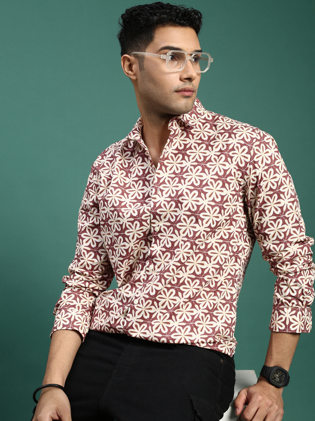 Men Floral Brown Slim Fit Shirt