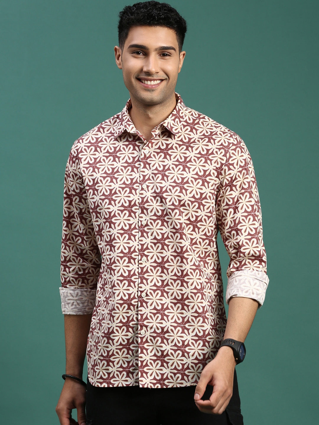 Men Floral Brown Slim Fit Shirt