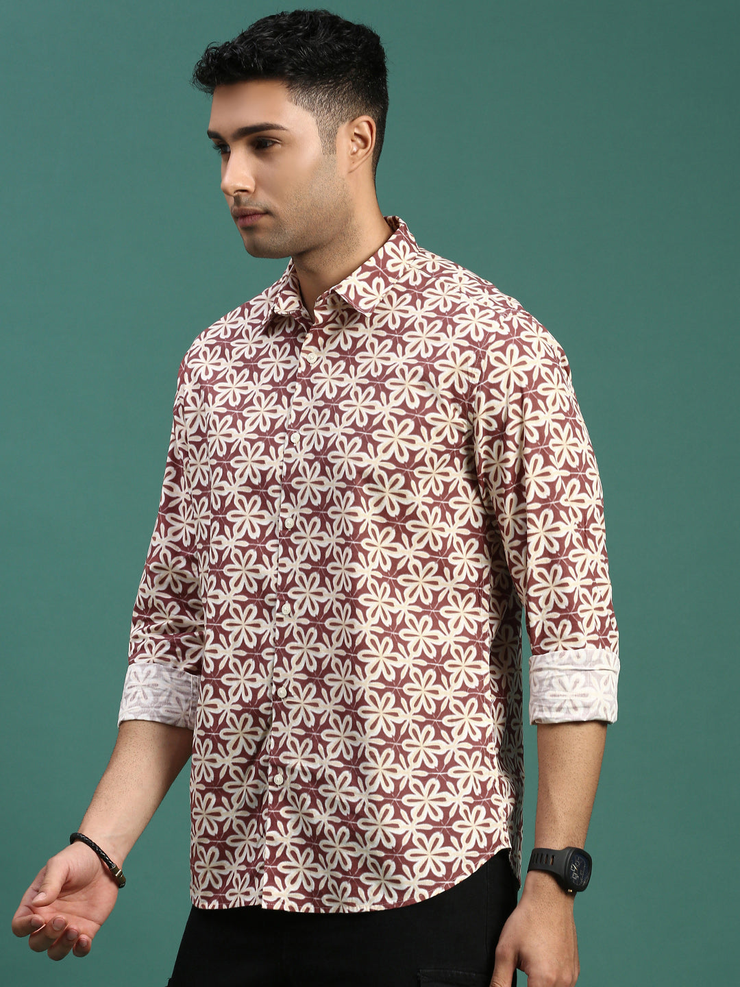 Men Floral Brown Slim Fit Shirt