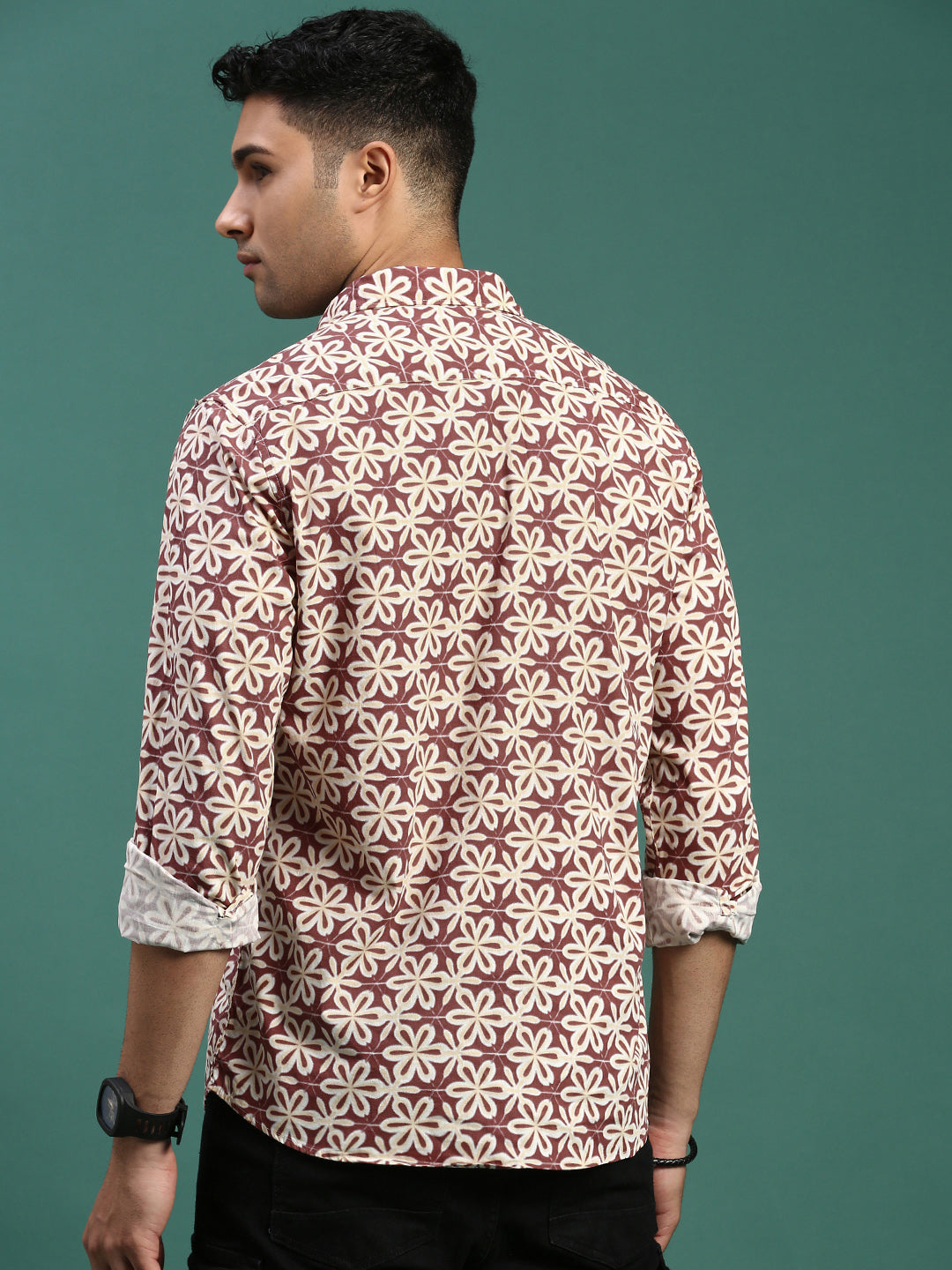 Men Floral Brown Slim Fit Shirt