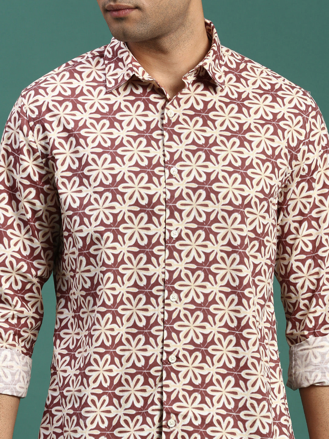 Men Floral Brown Slim Fit Shirt