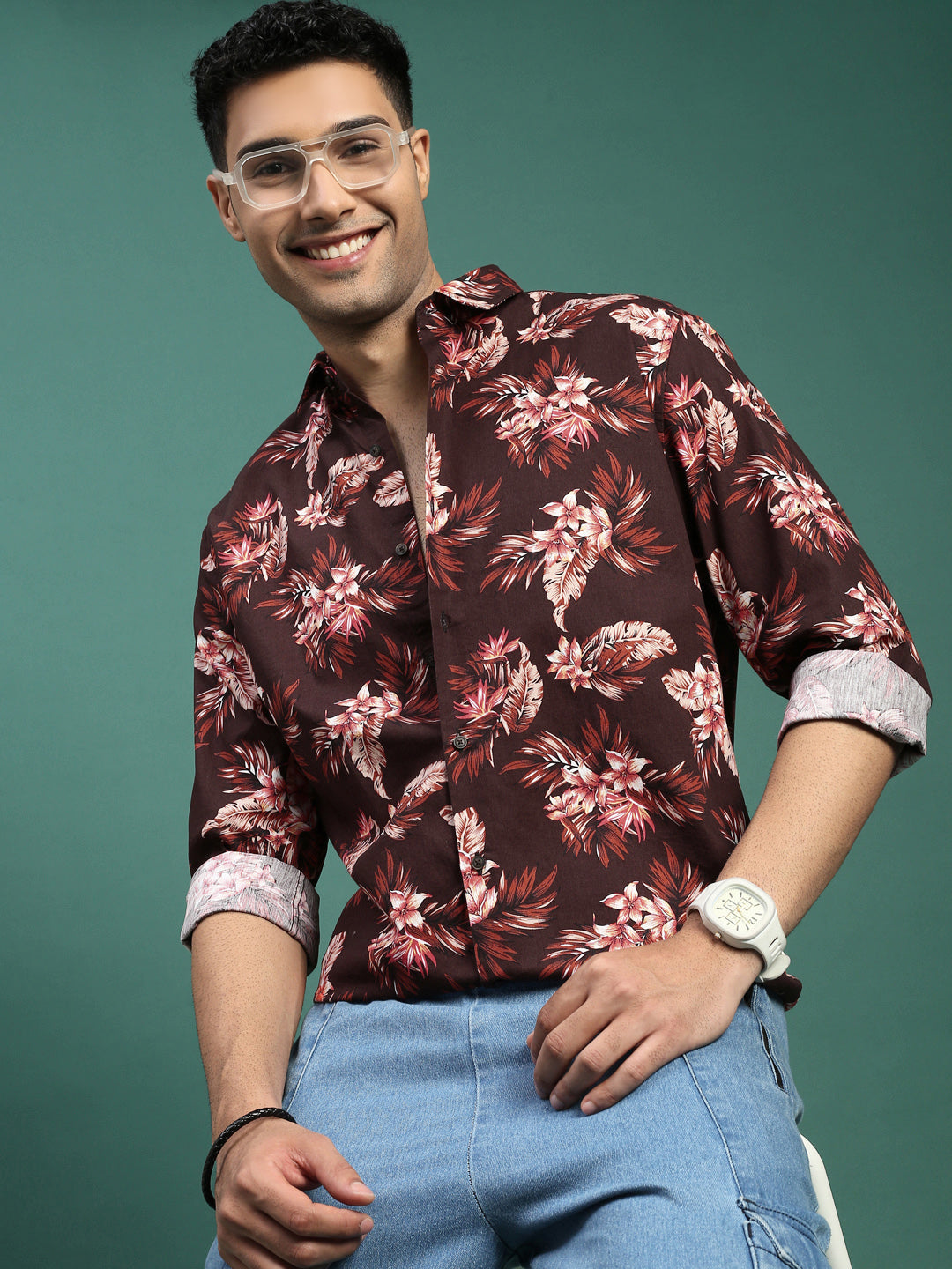 Men Floral Brown Slim Fit Shirt