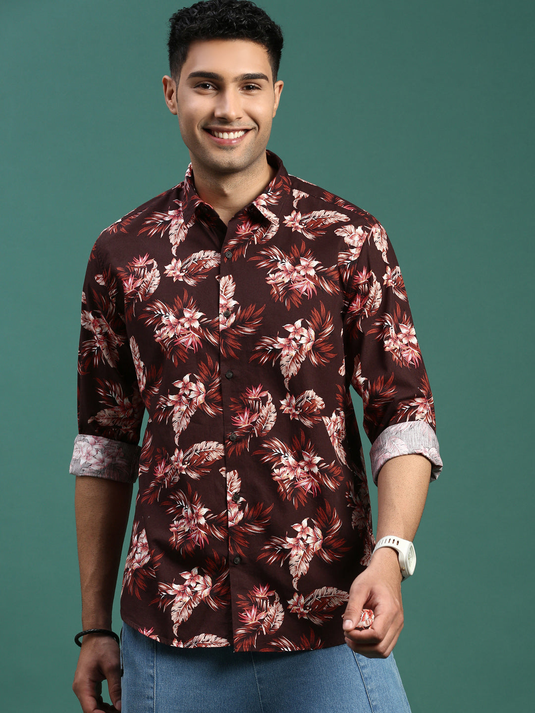 Men Floral Brown Slim Fit Shirt