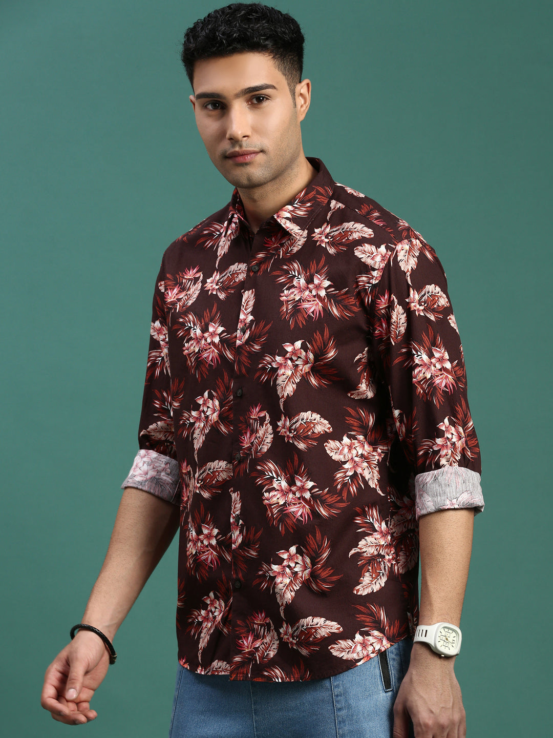 Men Floral Brown Slim Fit Shirt