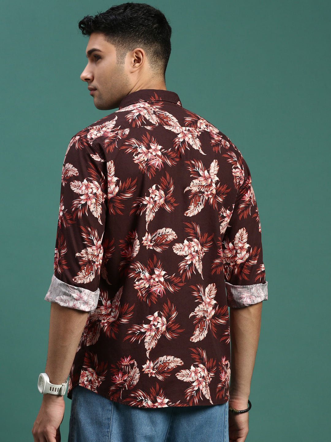 Men Floral Brown Slim Fit Shirt