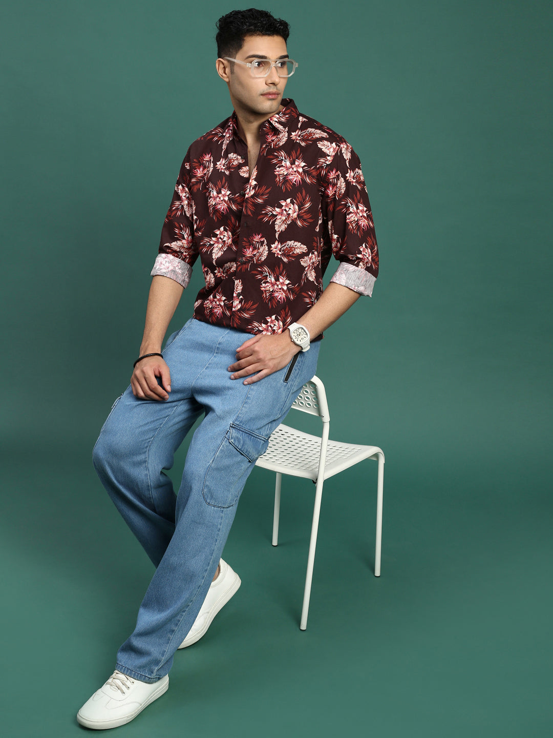 Men Floral Brown Slim Fit Shirt