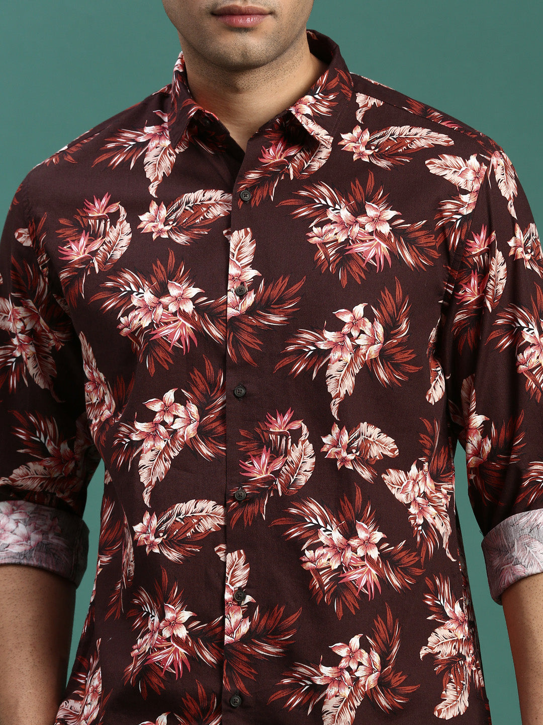 Men Floral Brown Slim Fit Shirt