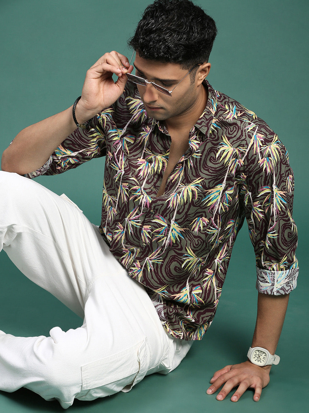 Men Floral Olive Slim Fit Shirt