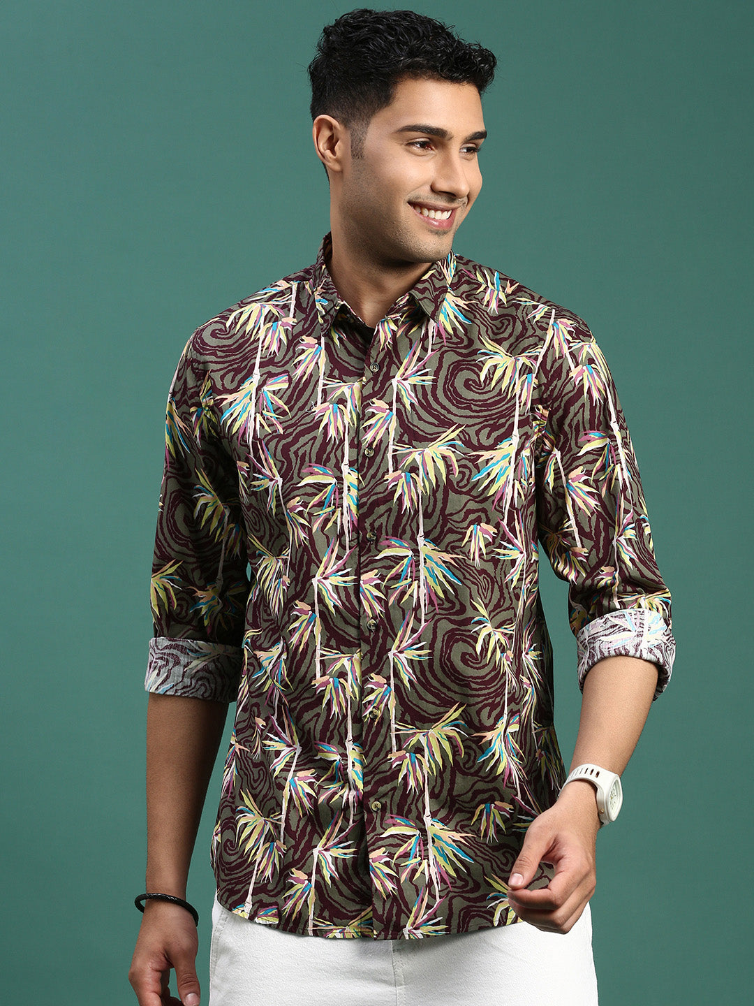 Men Floral Olive Slim Fit Shirt