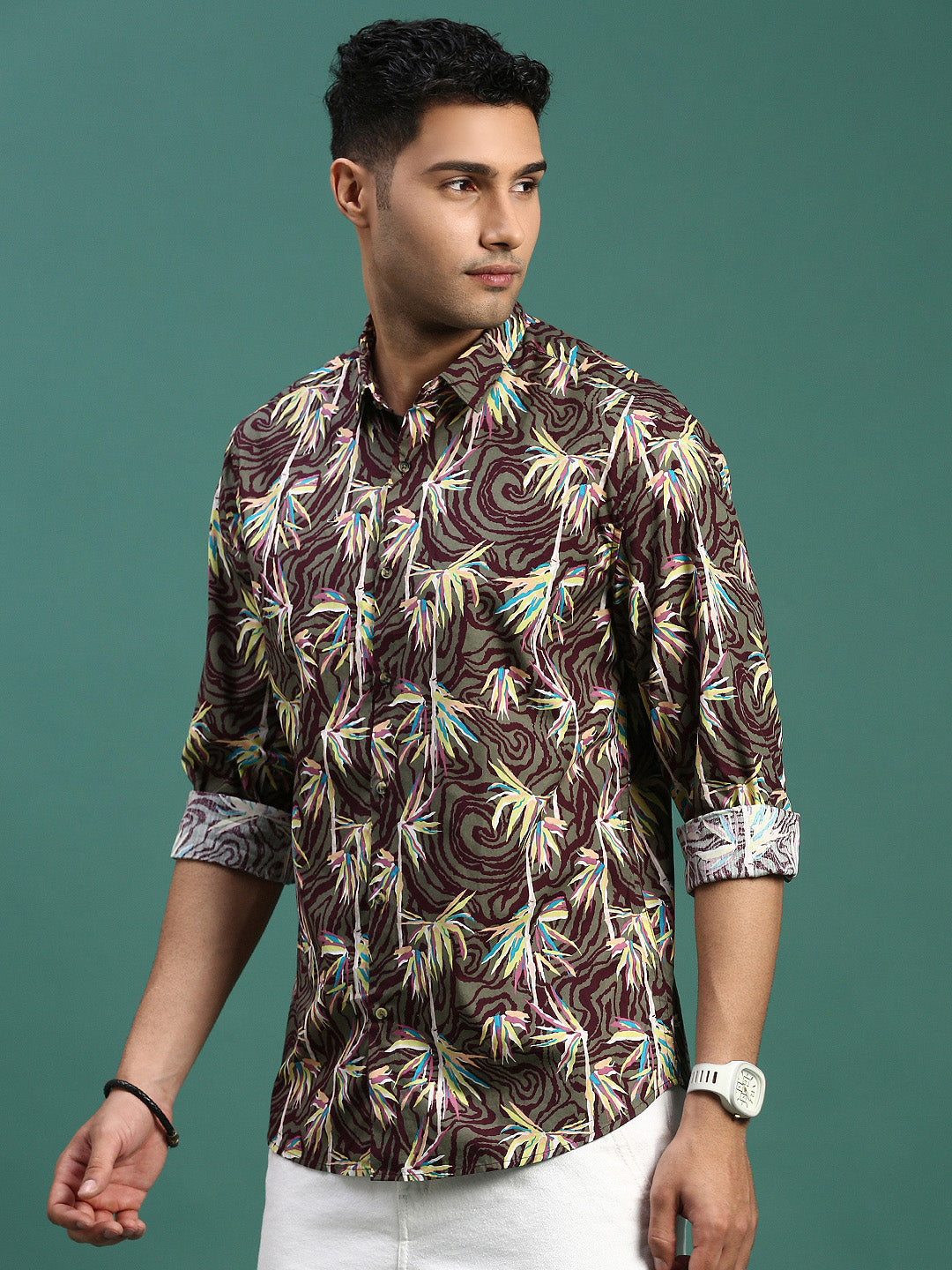 Men Floral Olive Slim Fit Shirt