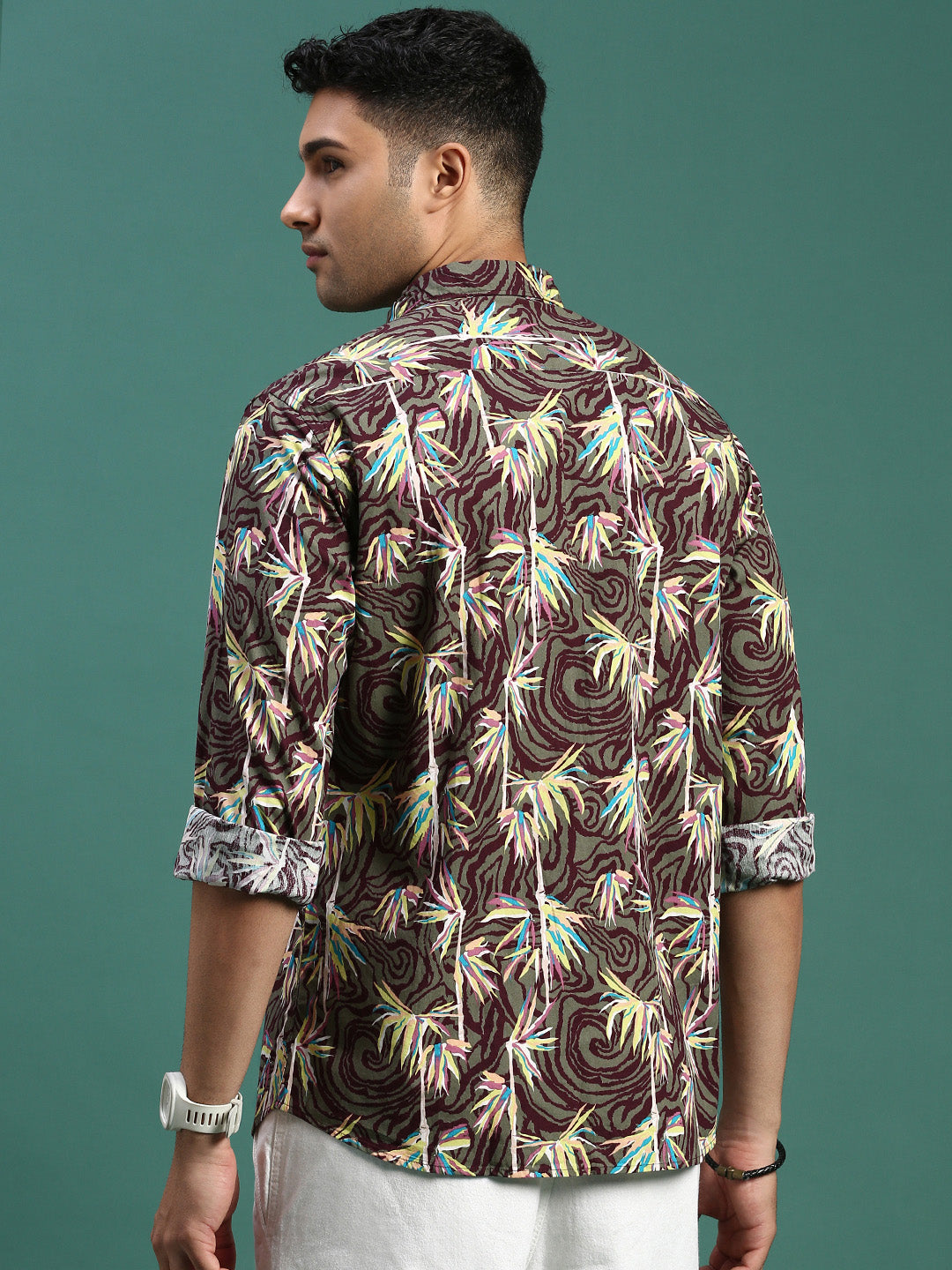 Men Floral Olive Slim Fit Shirt