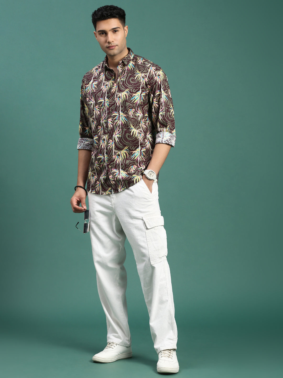 Men Floral Olive Slim Fit Shirt