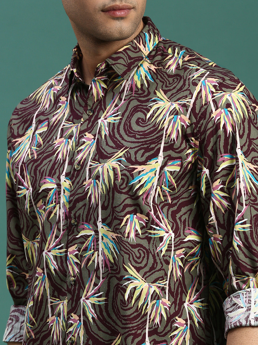 Men Floral Olive Slim Fit Shirt