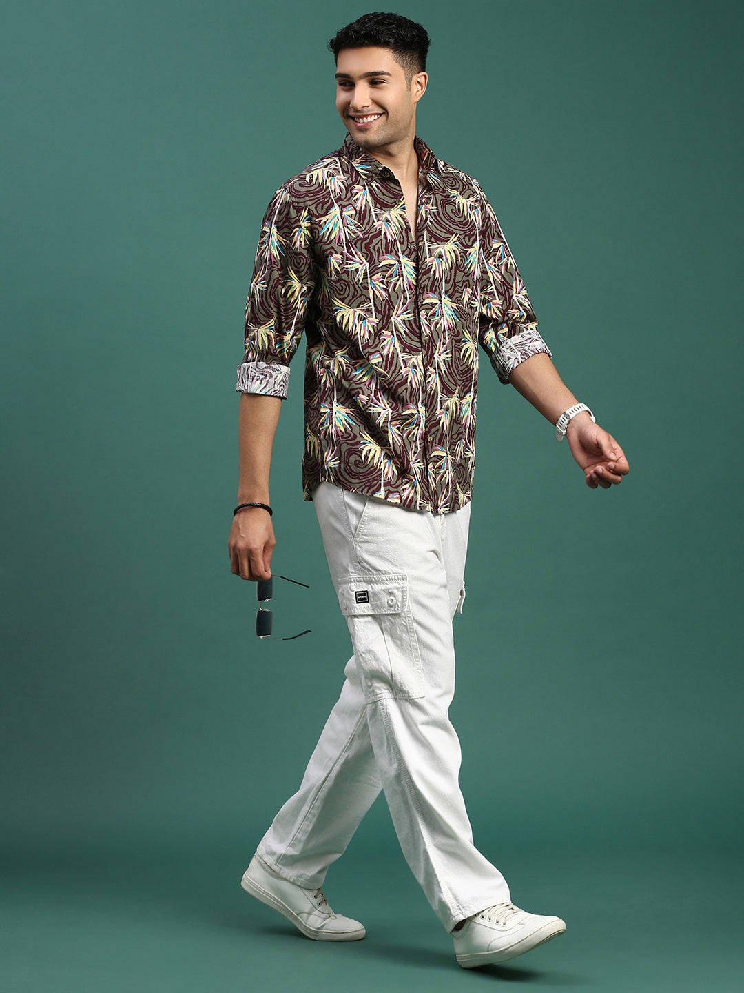 Men Floral Olive Slim Fit Shirt