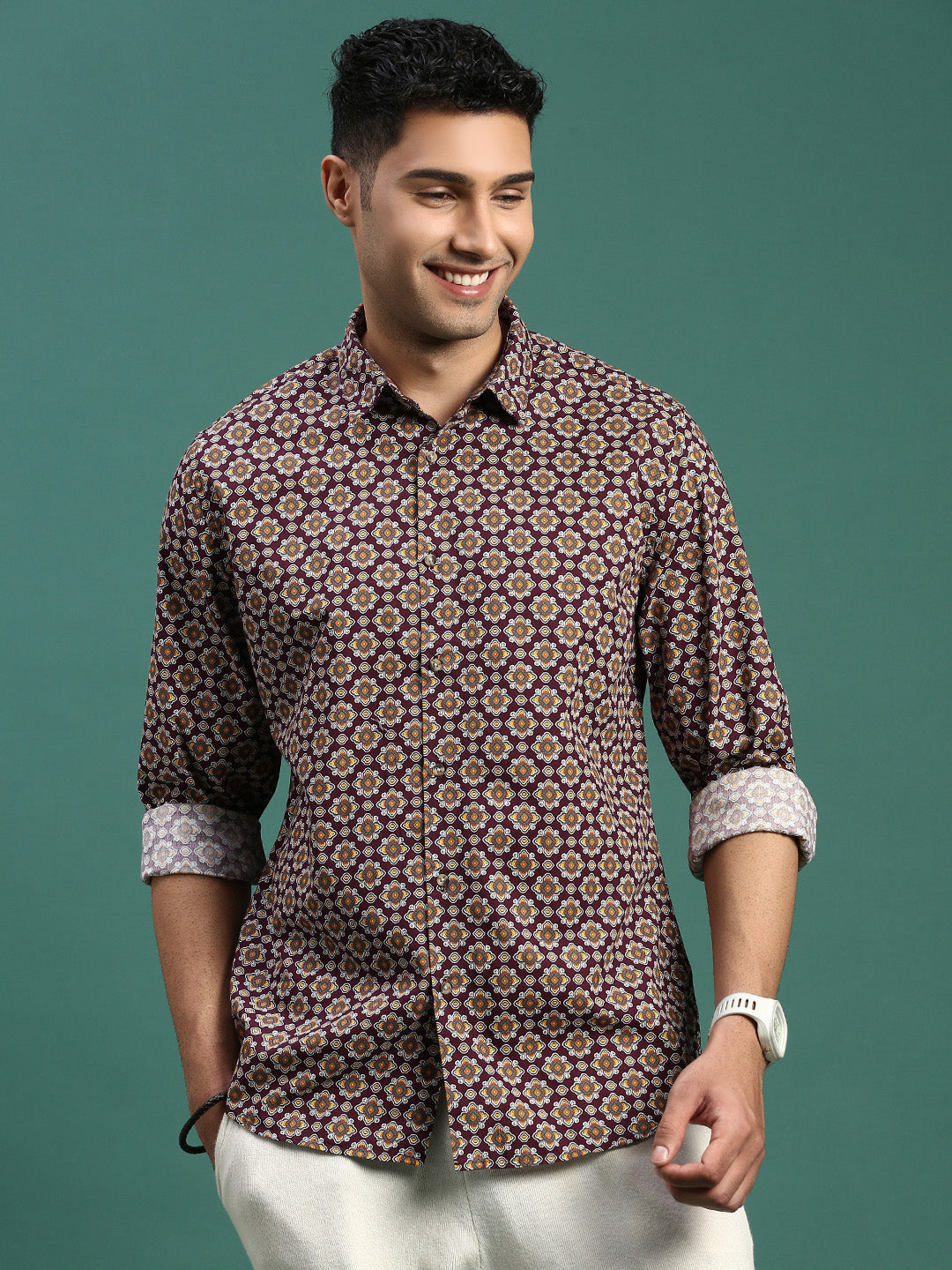 Men Ethnic Motifs Burgundy Slim Fit Shirt