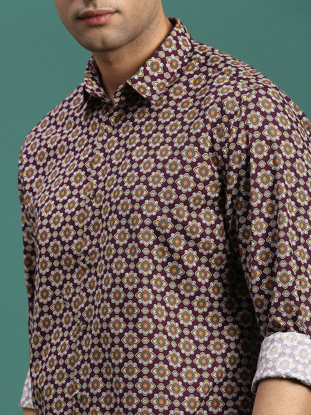 Men Ethnic Motifs Burgundy Slim Fit Shirt